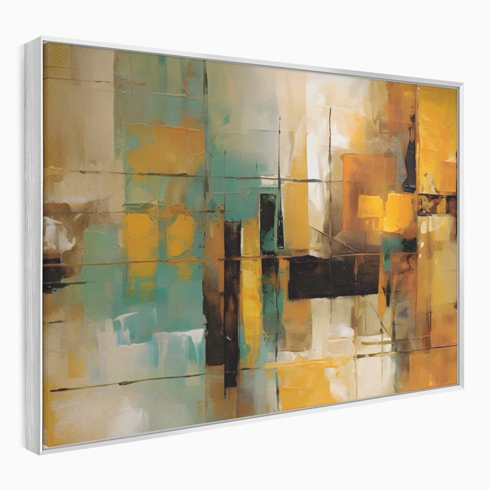 Tablou canvas cu pictura abstracta cu linii si portocaliu, in rama de aluminiu argintiu